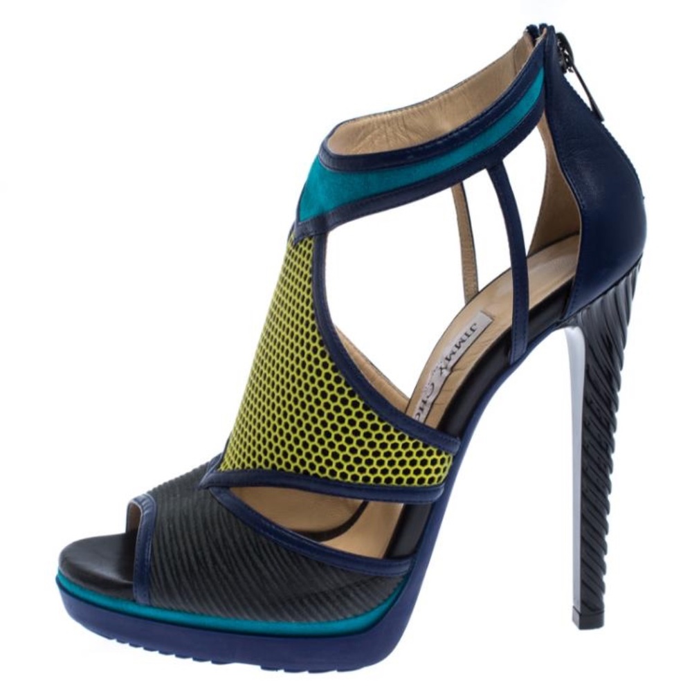 Jimmy Choo Tricolor Leather and Suede Honeycomb Lythe Platform Sandals Size 36.5 - Picture 2 of 5